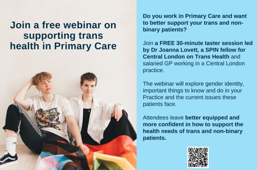 Advert for webinar about trans health training in Primary Care